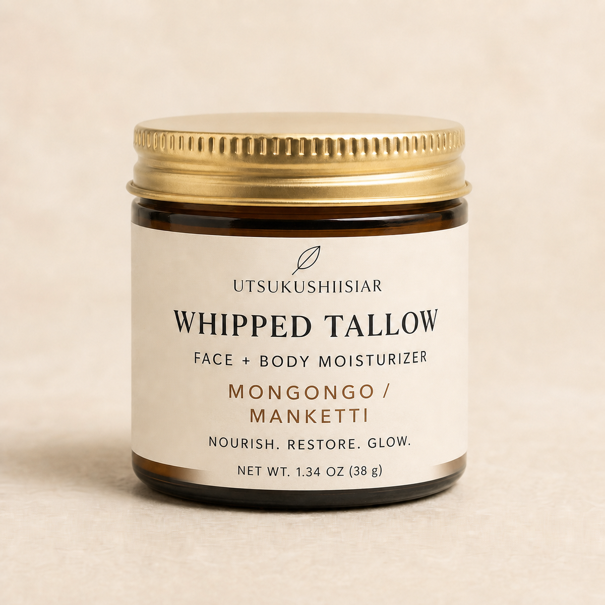 UTSUKUSHIISIAR Whipped Tallow Mongongo Manketti in a 38 g amber glass jar